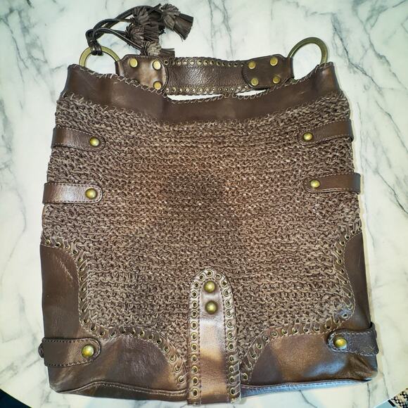 Y2K Isabella Fiore Carina Hobo Dark Brown Knitted Real Leather 16'hx14L Boho Bag - Picture 5 of 14